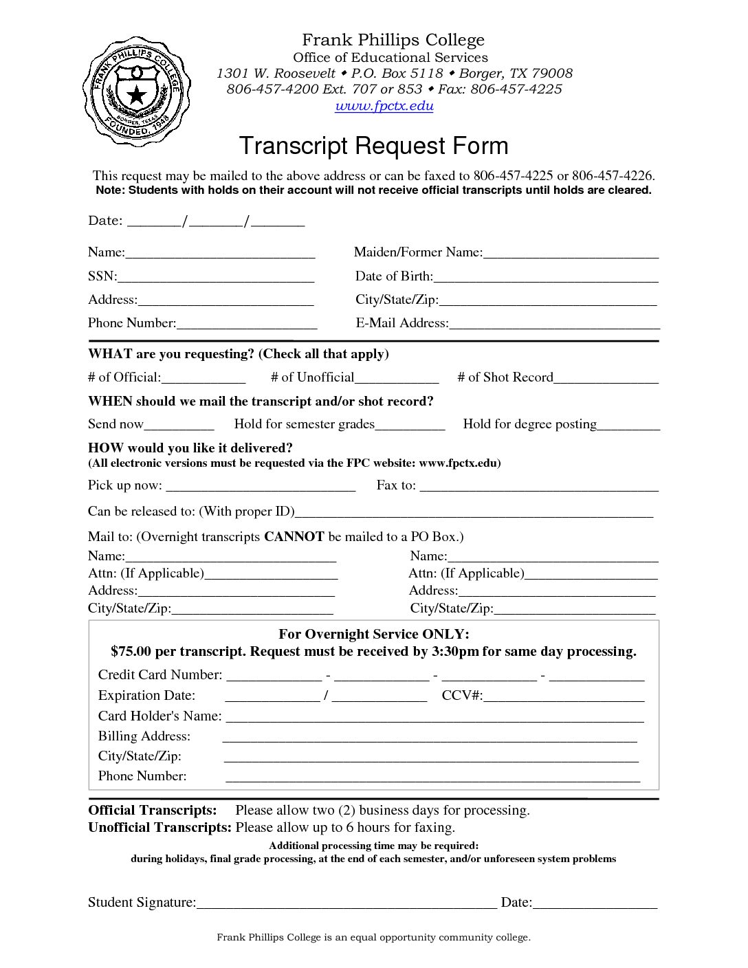 Transcript Request Form Frank Phillips College