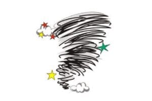 A drawing of stars and clouds with a spiral