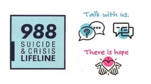 A sticker with the words " suicide crisis hotline " and various symbols.