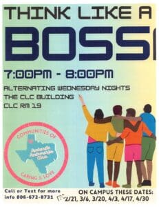 A poster of the boss event with an image of people pointing at each other.